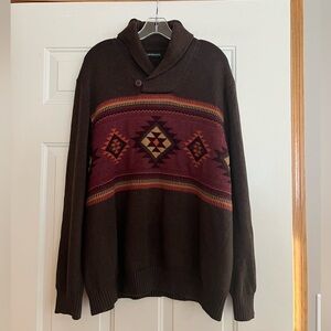 Men’s brown pull over cotton shawl rolled button closure Aztec sweater. Size XL